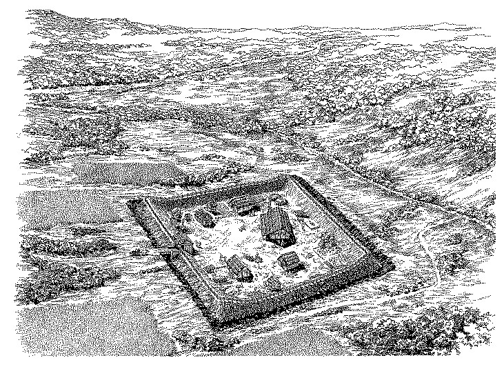 Rekonstruktionszeichnung einer Viereckschanze bei Riedlingen